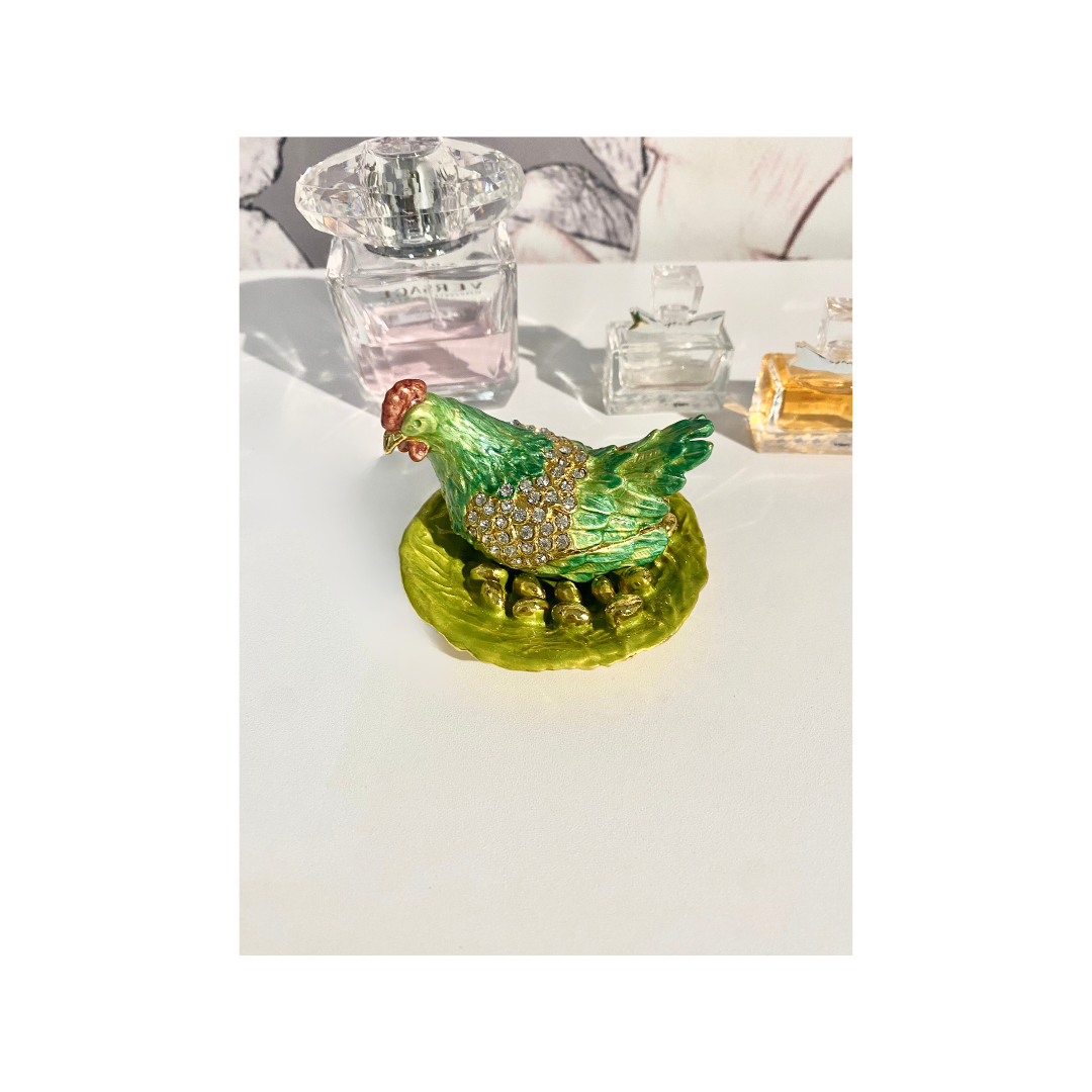 Diamond and Green Hen Trinket Boxes