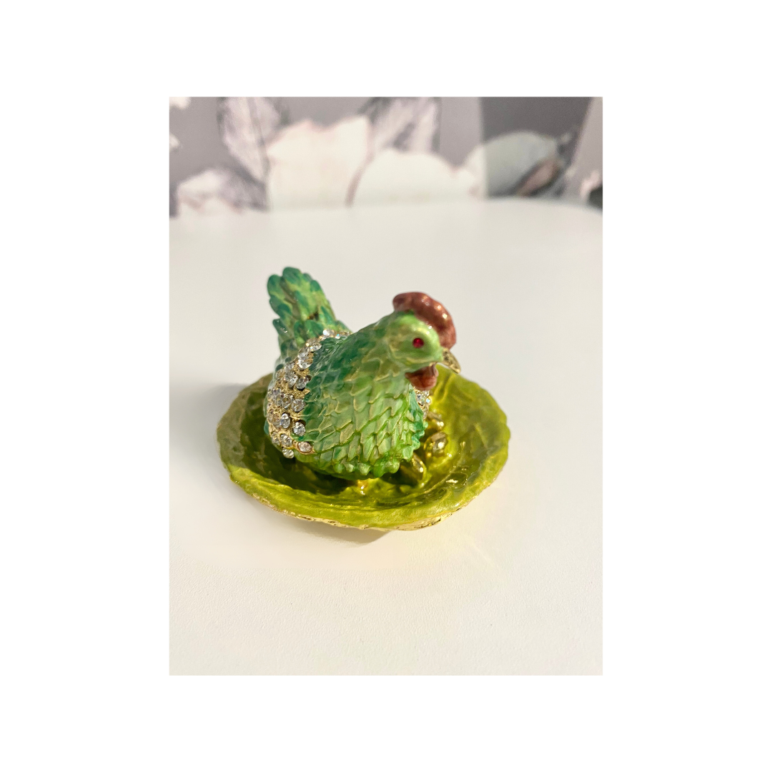 Diamond and Green Hen Trinket Boxes