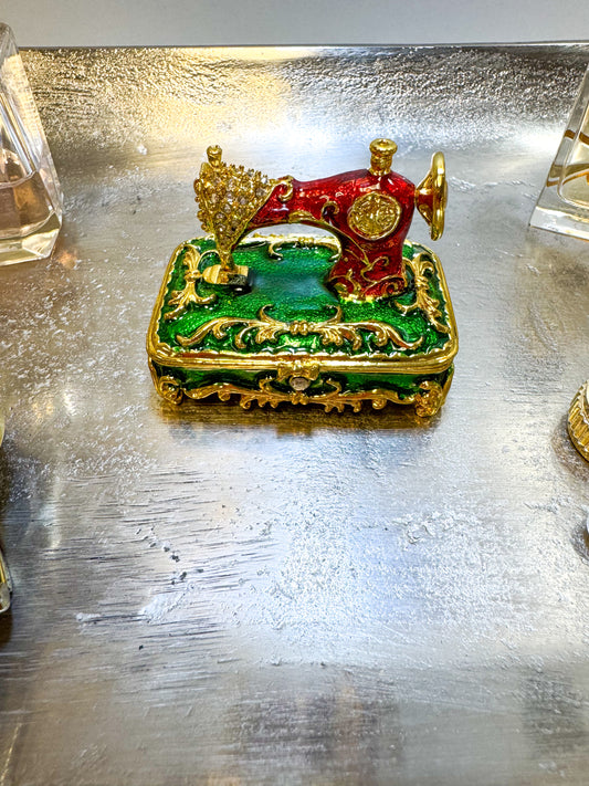 Vintage Red & Green Sewing Machine Trinket Box