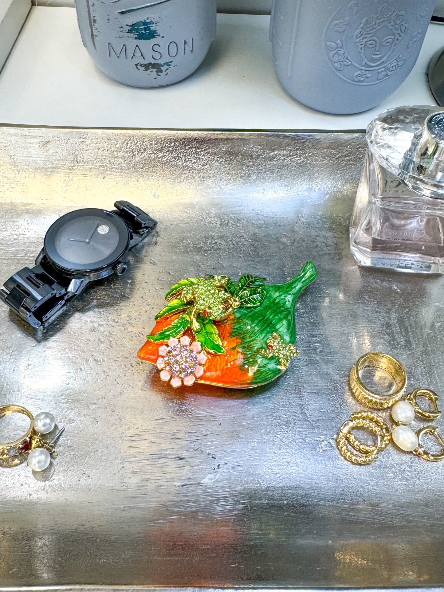 Frog and Baby Frog On A Orange Leaf Trinket Box