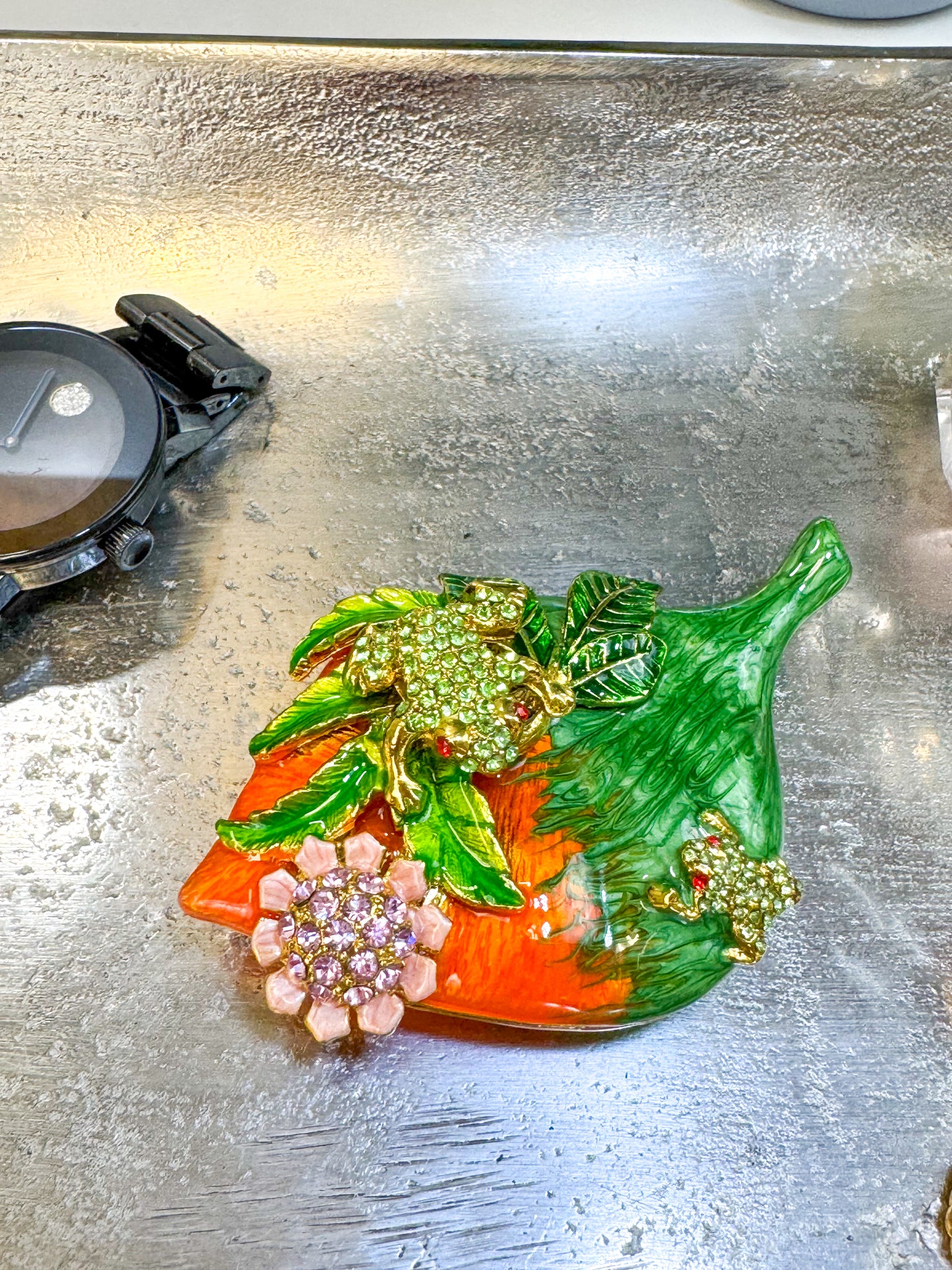 Frog and Baby Frog On A Orange Leaf Trinket Box