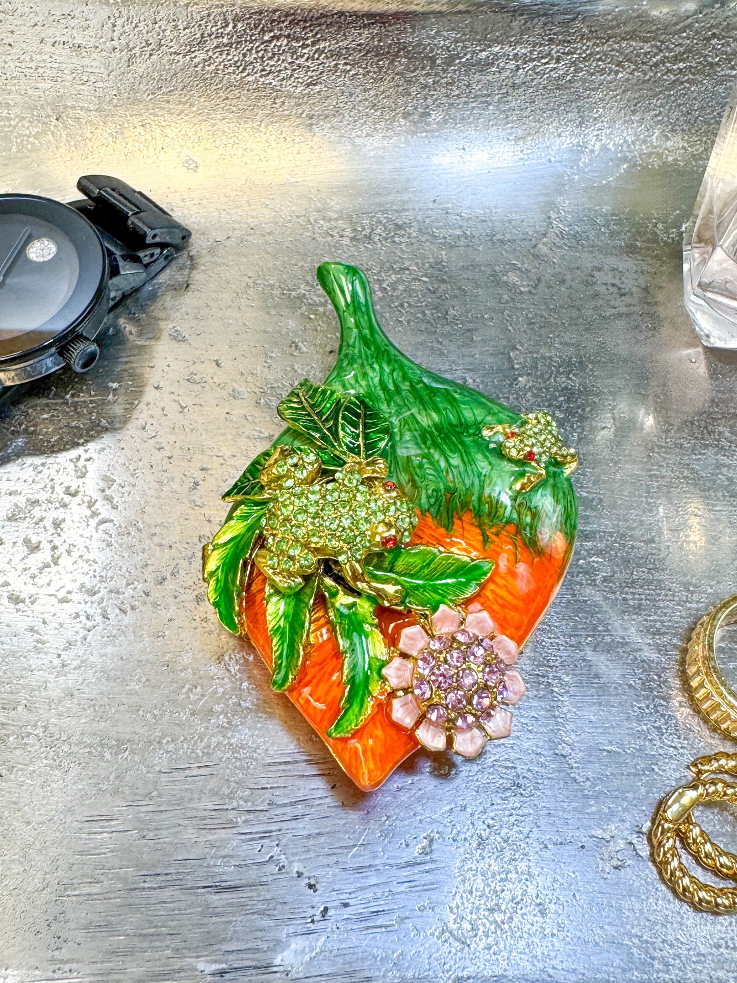 Frog and Baby Frog On A Orange Leaf Trinket Box