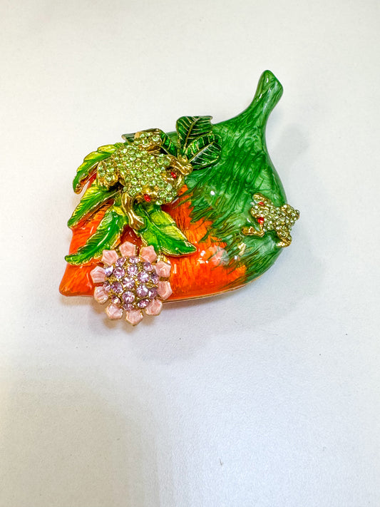 Frog and Baby Frog On A Orange Leaf Trinket Box