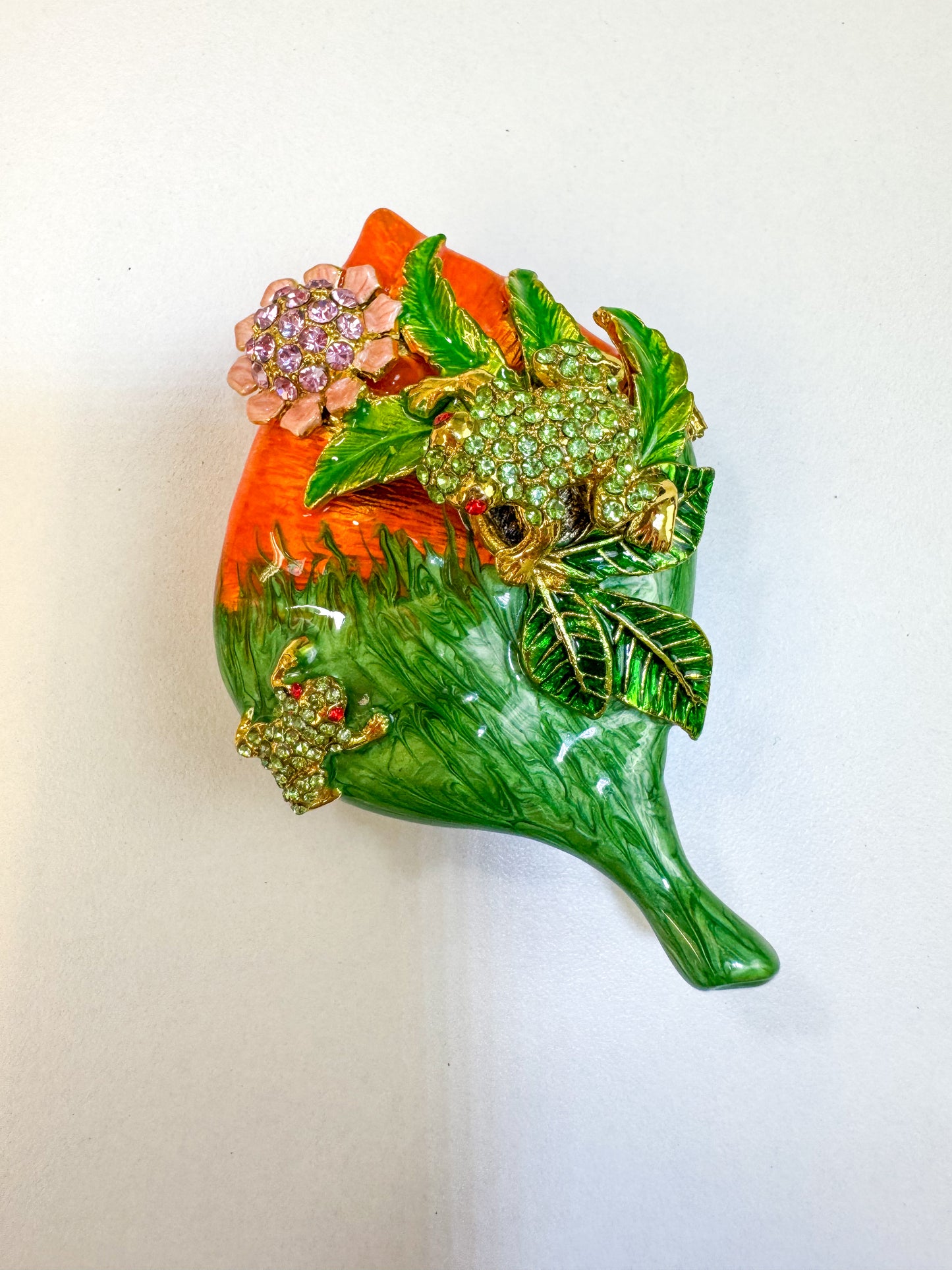 Frog and Baby Frog On A Orange Leaf Trinket Box